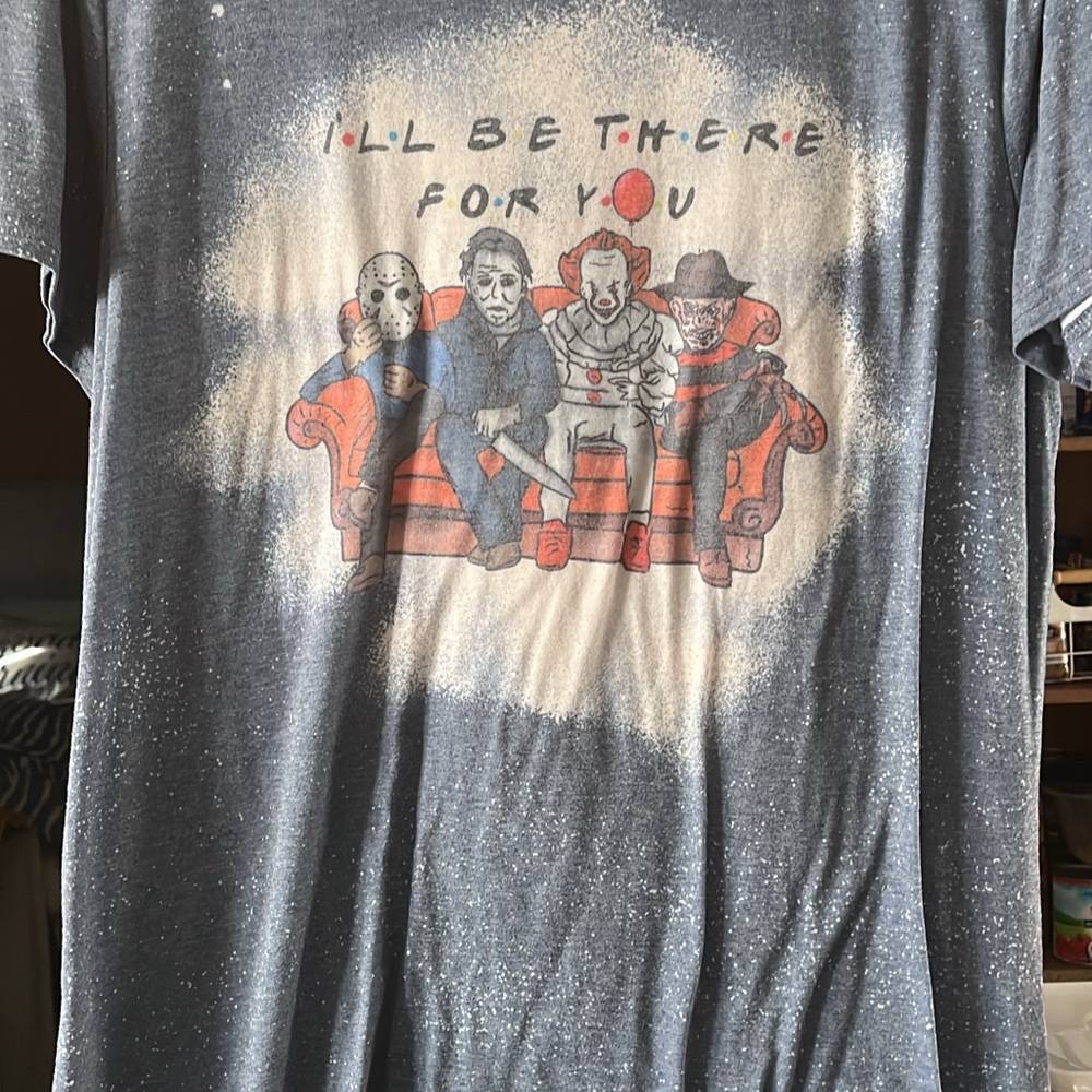 Gray Graphic T-Shirt with Horror Characters